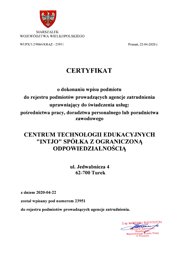 Certyfikat o dokonaniu wpisu do rejestru podmiotów prowadzących agencje zatrudnienia